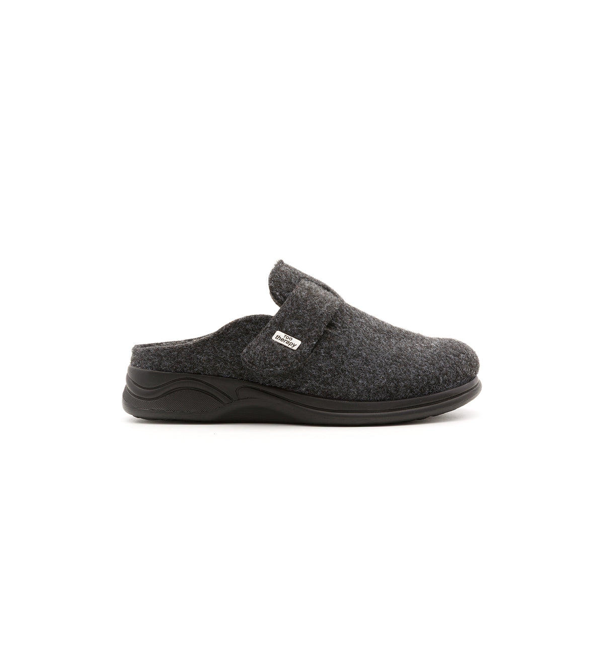 Anthracite Henley felt mule slipper, outer side view.