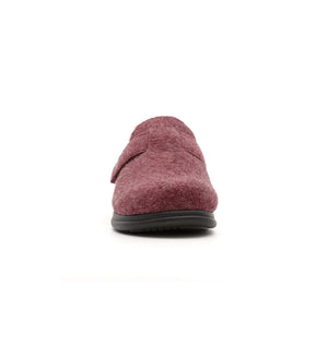 Burgundy Henley felt mule slipper, front view.