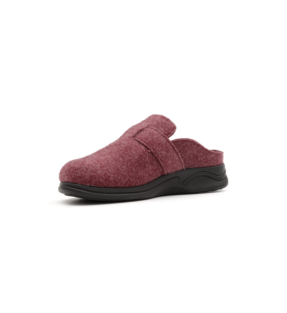 Burgundy Henley felt mule slipper, viewed from the opposite front angle.