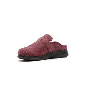 Burgundy Henley felt mule slipper, viewed from the opposite front angle.