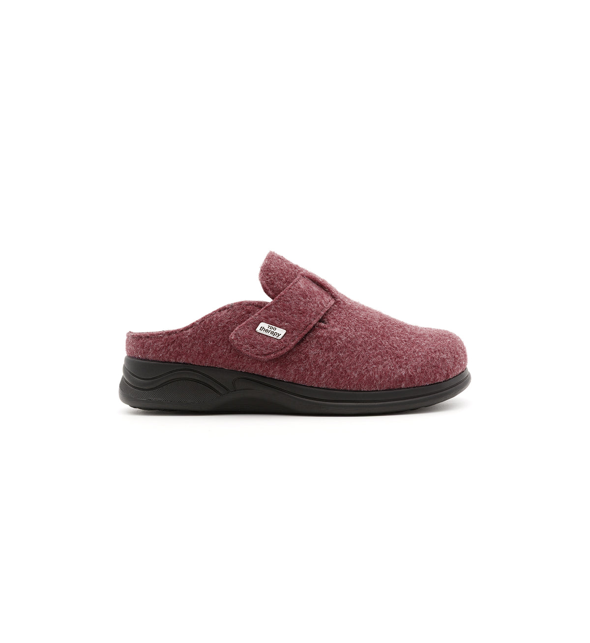 Burgundy Henley felt mule slipper, outer side view.