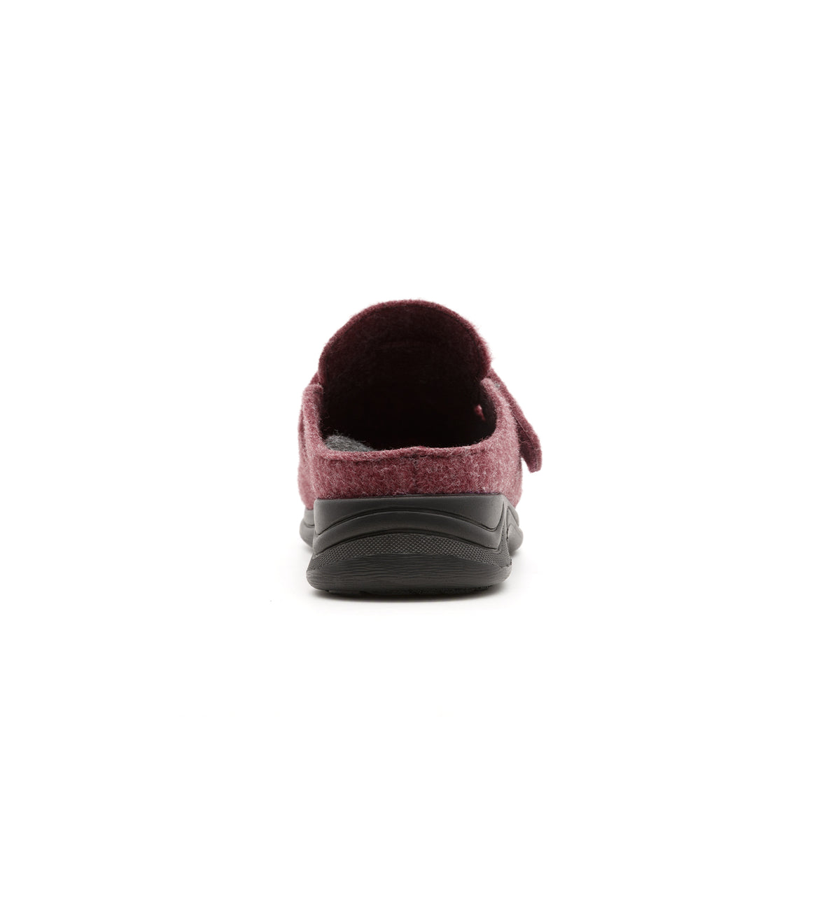 Burgundy Henley felt mule slipper, rear view.