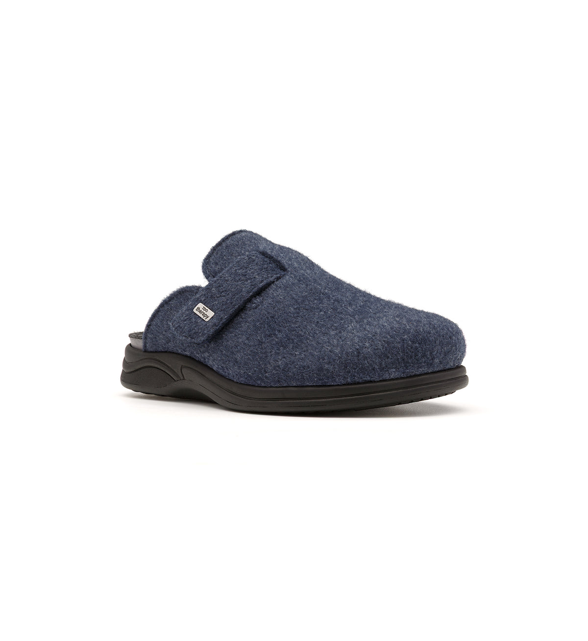 Navy Henley felt mule slipper, viewed from the front at an angle.