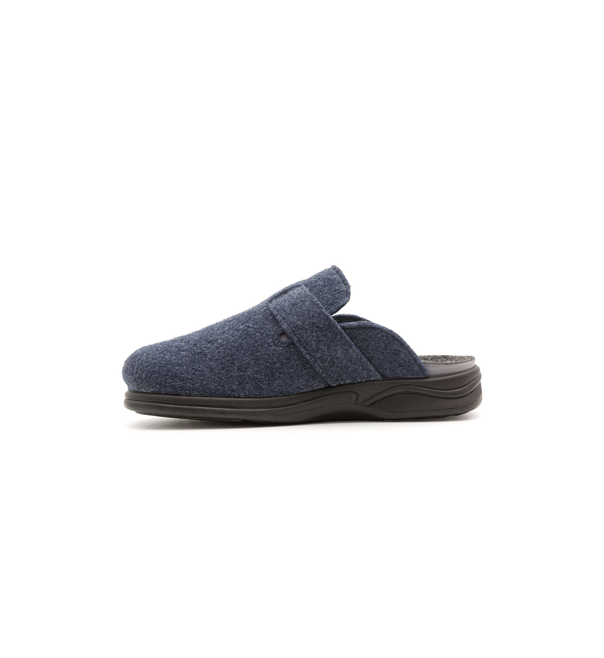 Navy Henley felt mule slipper, inner side view.