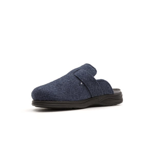 Navy Henley felt mule slipper, viewed from the opposite front angle.