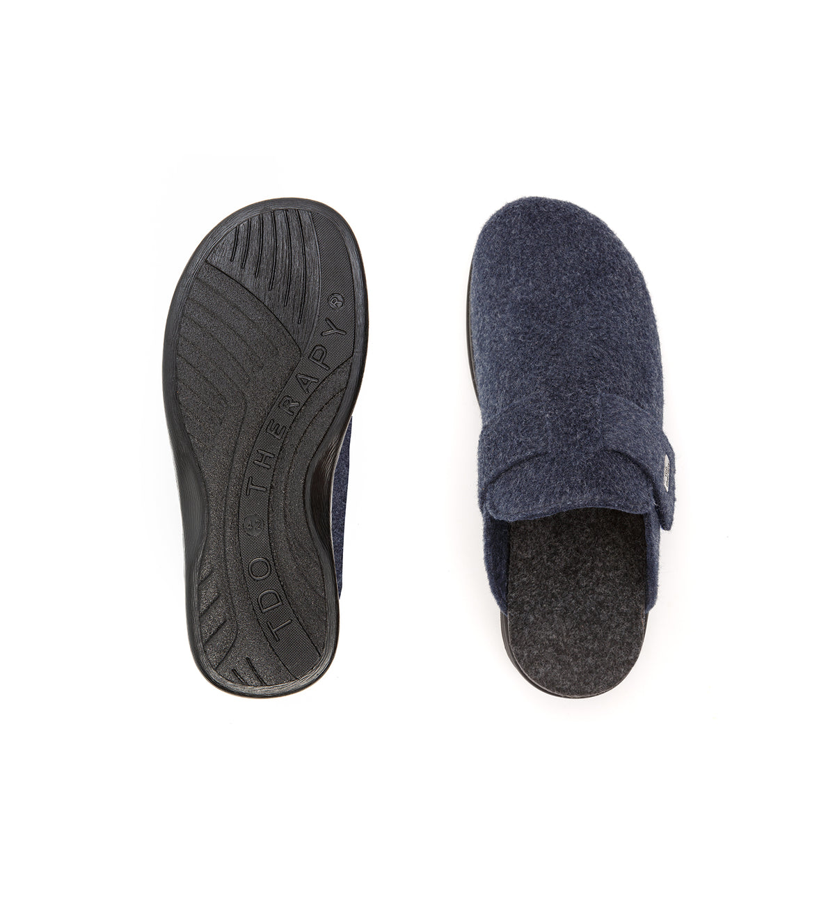 Top and sole views of the navy Henley felt mule slipper.