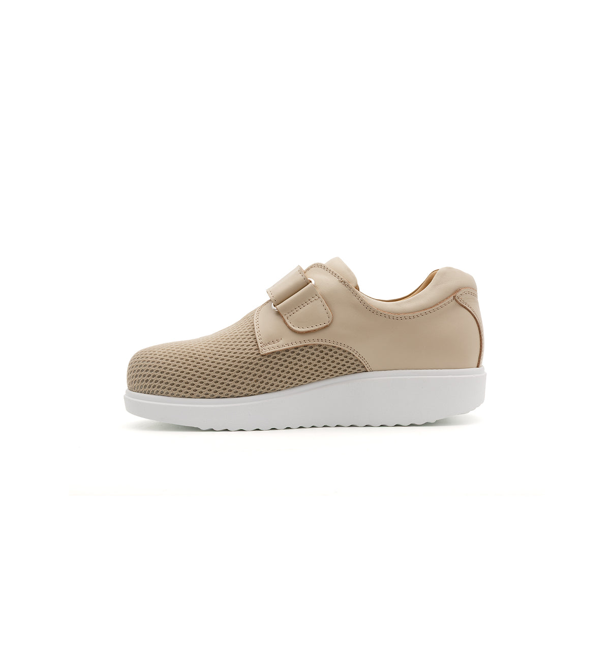 Beige 616-20-19 mesh shoe with a broad strap, inner side view.