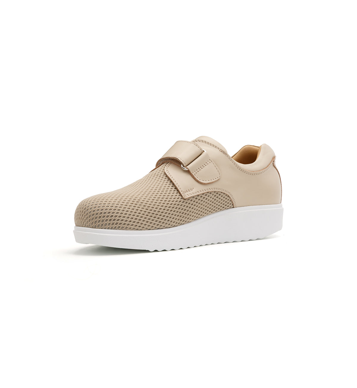 Beige 616-20-19 mesh shoe with a broad strap, viewed from the opposite front angle.