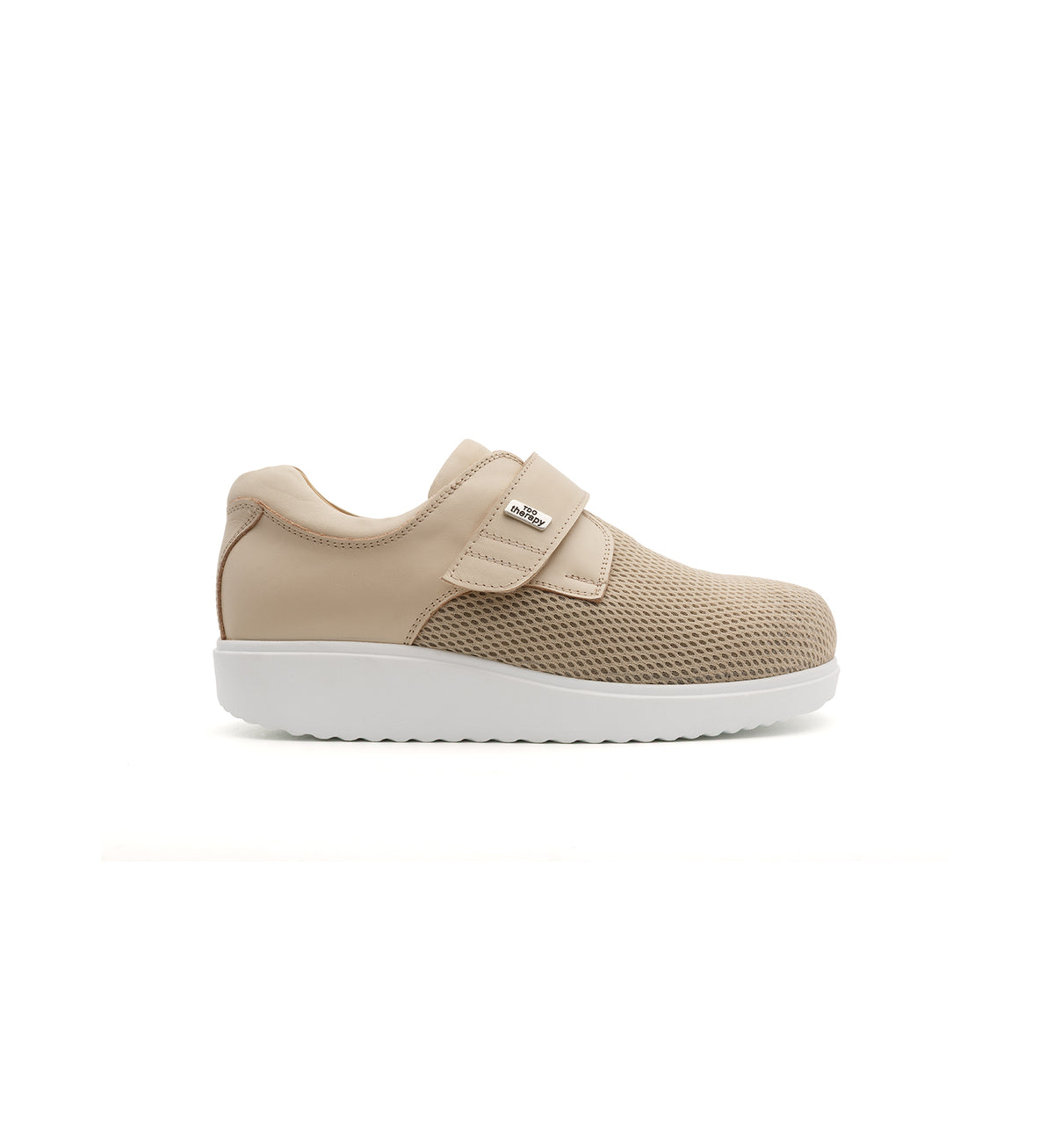 Beige 616-20-19 mesh shoe with a broad strap, outer side view.
