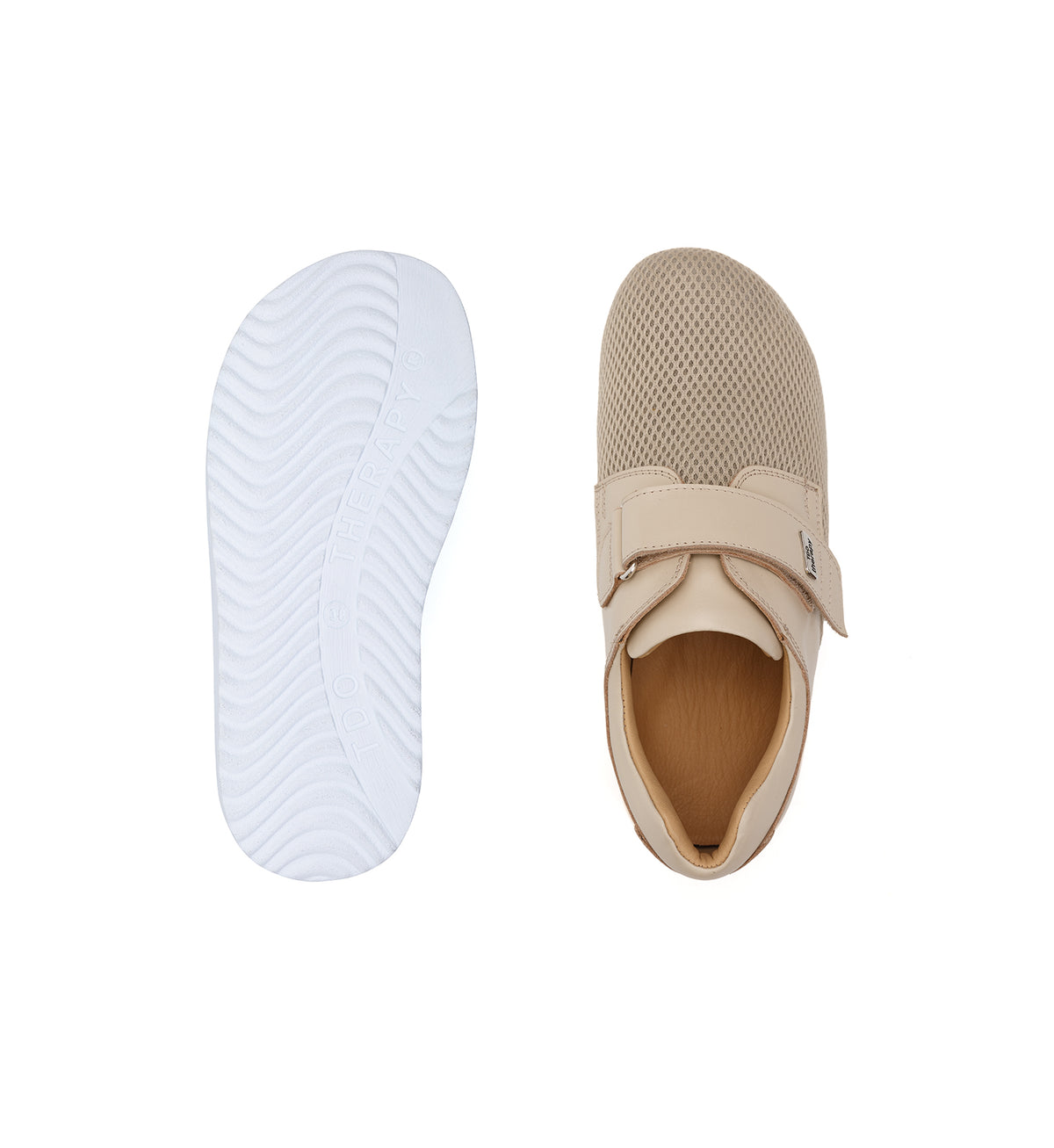 Top and sole views of the beige 616-20-19 mesh shoe with a broad strap.