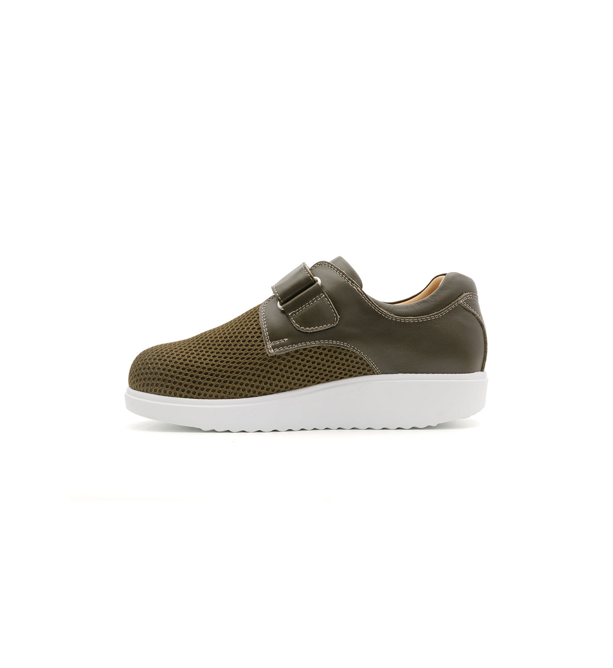 Khaki 616-20-19 mesh shoe with a broad strap, inner side view.
