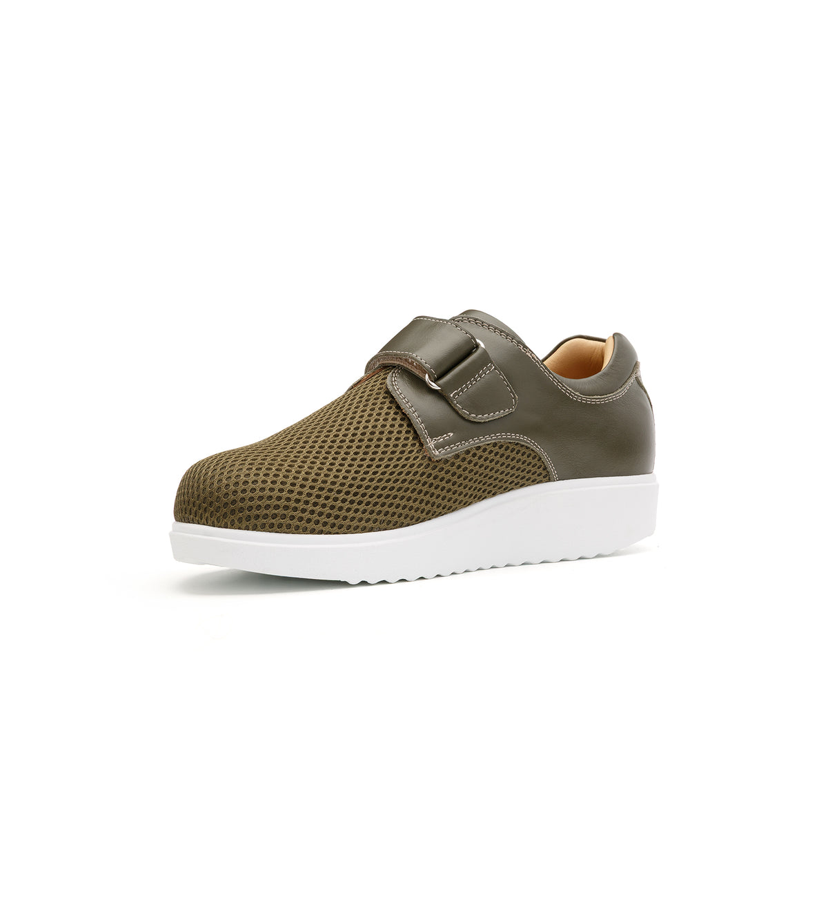 Khaki 616-20-19 mesh shoe with a broad strap, viewed from the opposite front angle.