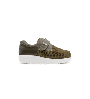 Khaki 616-20-19 mesh shoe with a broad strap, outer side view.