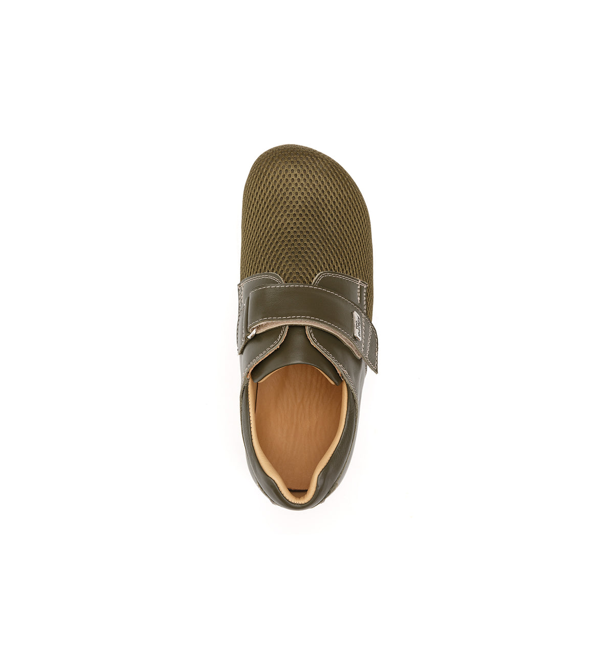 Khaki 616-20-19 mesh shoe with a broad strap, top view.