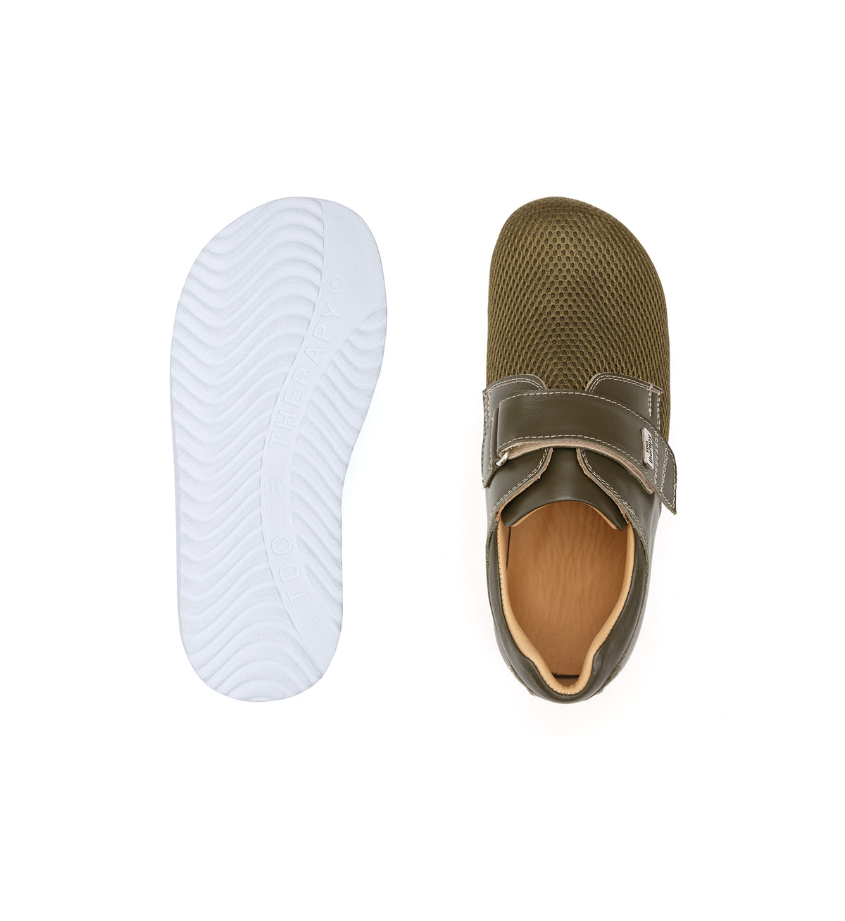 Top and sole views of the khaki 616-20-19 mesh shoe with a broad strap.