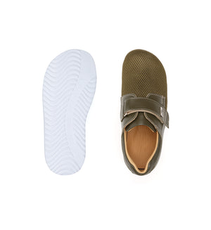 Top and sole views of the khaki 616-20-19 mesh shoe with a broad strap.