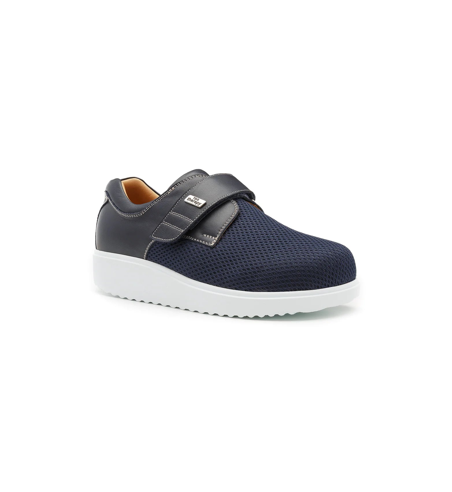 Navy orthopedic shoes combining breathable mesh fabric with natural leather details.