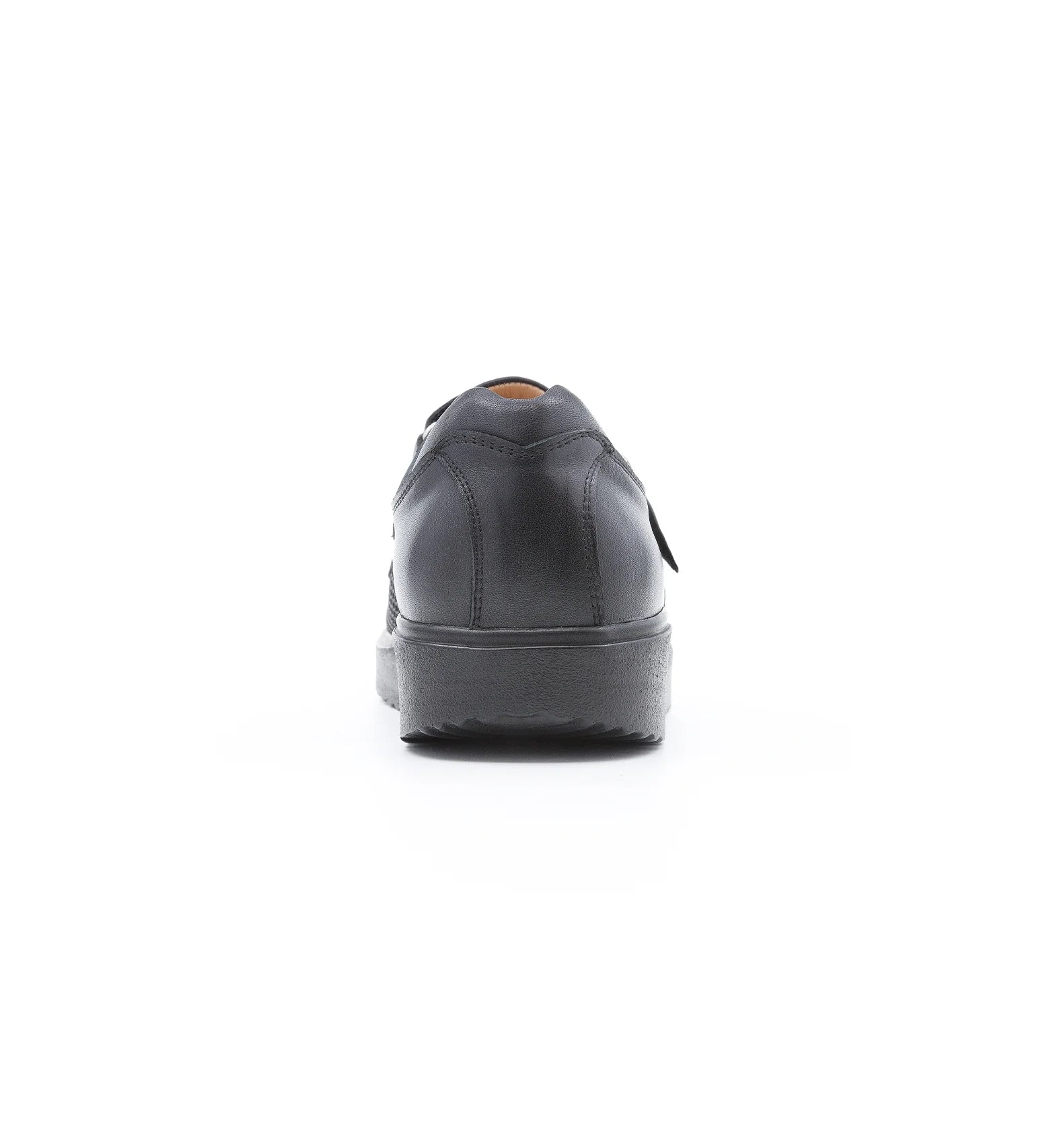 Rear view of black Ashby men's extra wide mesh shoes featuring a supportive heel counter.