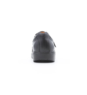 Rear view of black Ashby men's extra wide mesh shoes featuring a supportive heel counter.