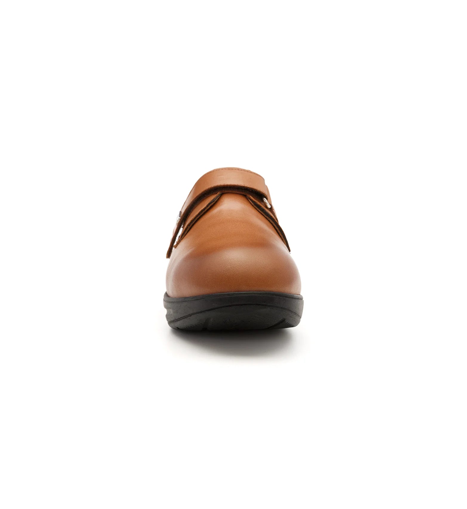 Front view of Ashby men's tan comfort shoes featuring a smooth leather upper and generous toe area.
