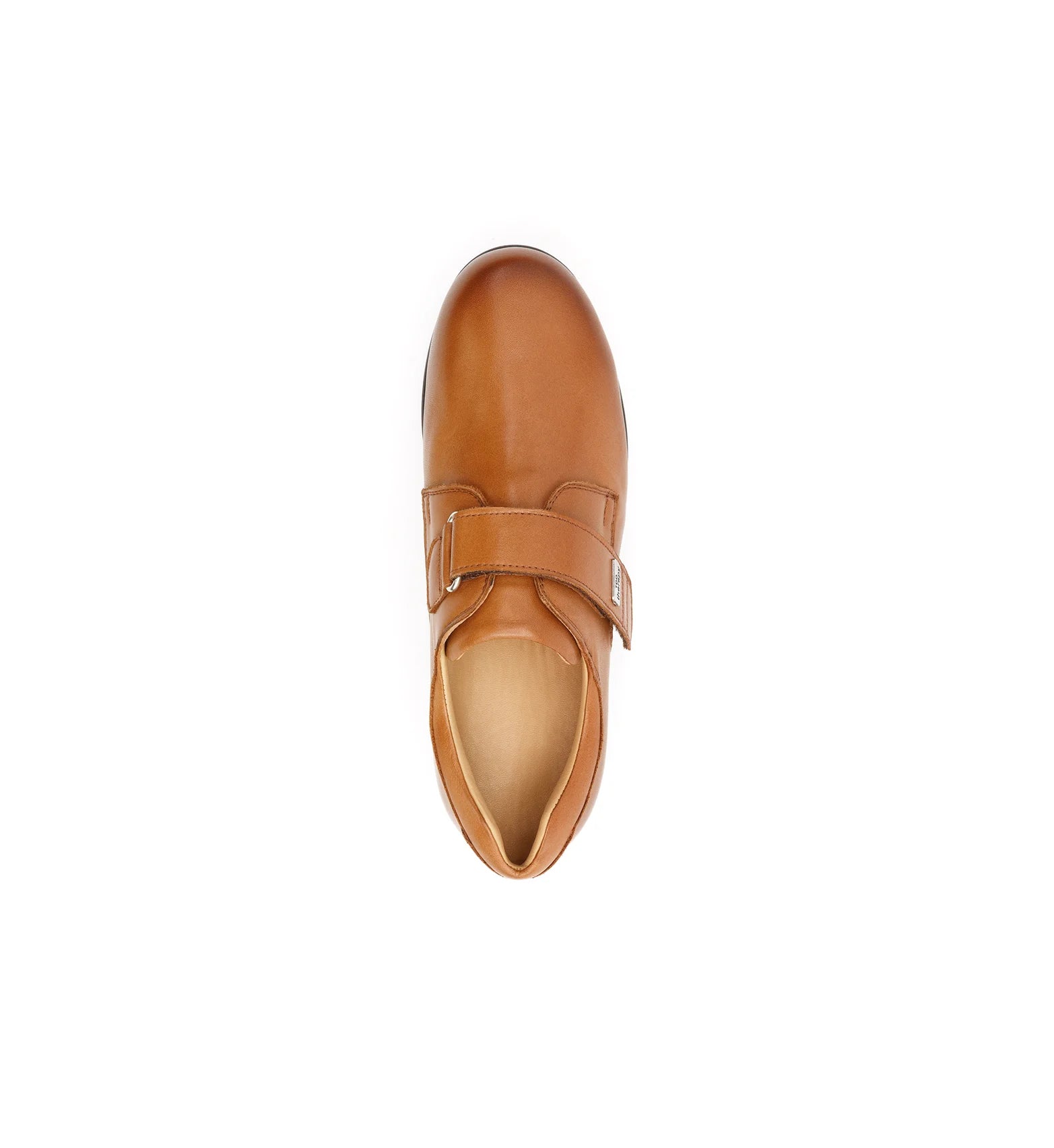Top view of Ashby men's tan leather comfort shoes with an adjustable strap and easy-entry opening.