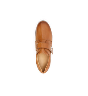 Top view of Ashby men's tan leather comfort shoes with an adjustable strap and easy-entry opening.