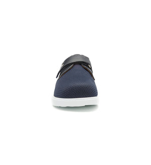 Navy shoes featuring a wide toe box and plain front design.