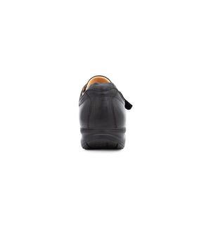 Rear view of black Ashby women's EE fit orthopaedic shoes with a breathable mesh and leather upper and stable supportive heel design.