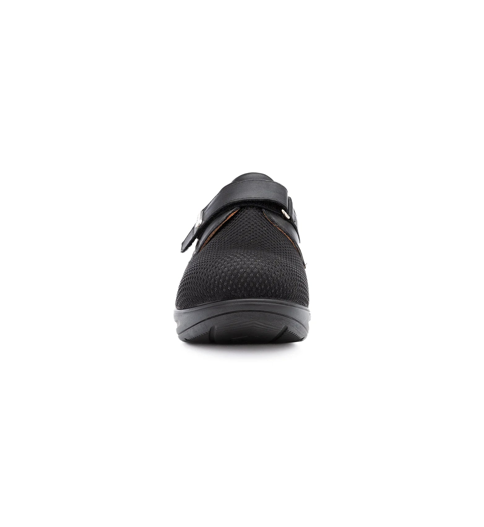 Front view of black Ashby women's orthopaedic shoes featuring a rocker bottom sole, breathable mesh upper and supportive EE fit.