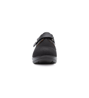Front view of black Ashby women's orthopaedic shoes featuring a rocker bottom sole, breathable mesh upper and supportive EE fit.