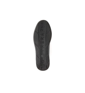 Top and outsole view of black Ashby women's orthopaedic shoes featuring a rocker bottom sole, breathable mesh and leather upper, and EE fitting.