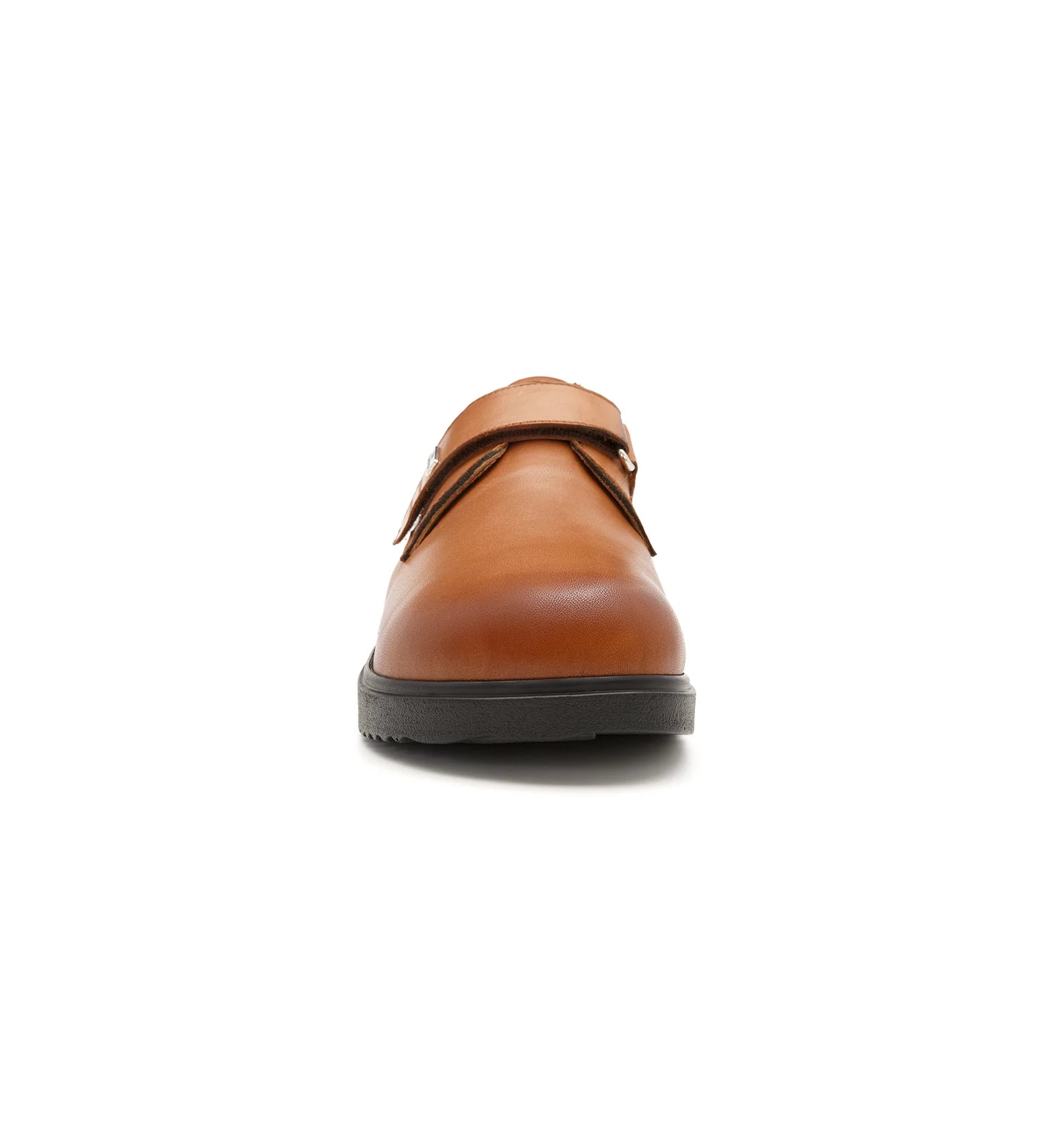 Women's tan shoes featuring a spacious toe area and clean plain-front design.