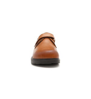 Women's tan shoes featuring a spacious toe area and clean plain-front design.
