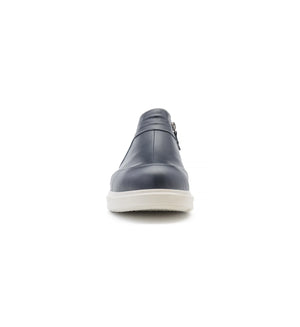 Men's navy Chelsea boots with a wide toe box.