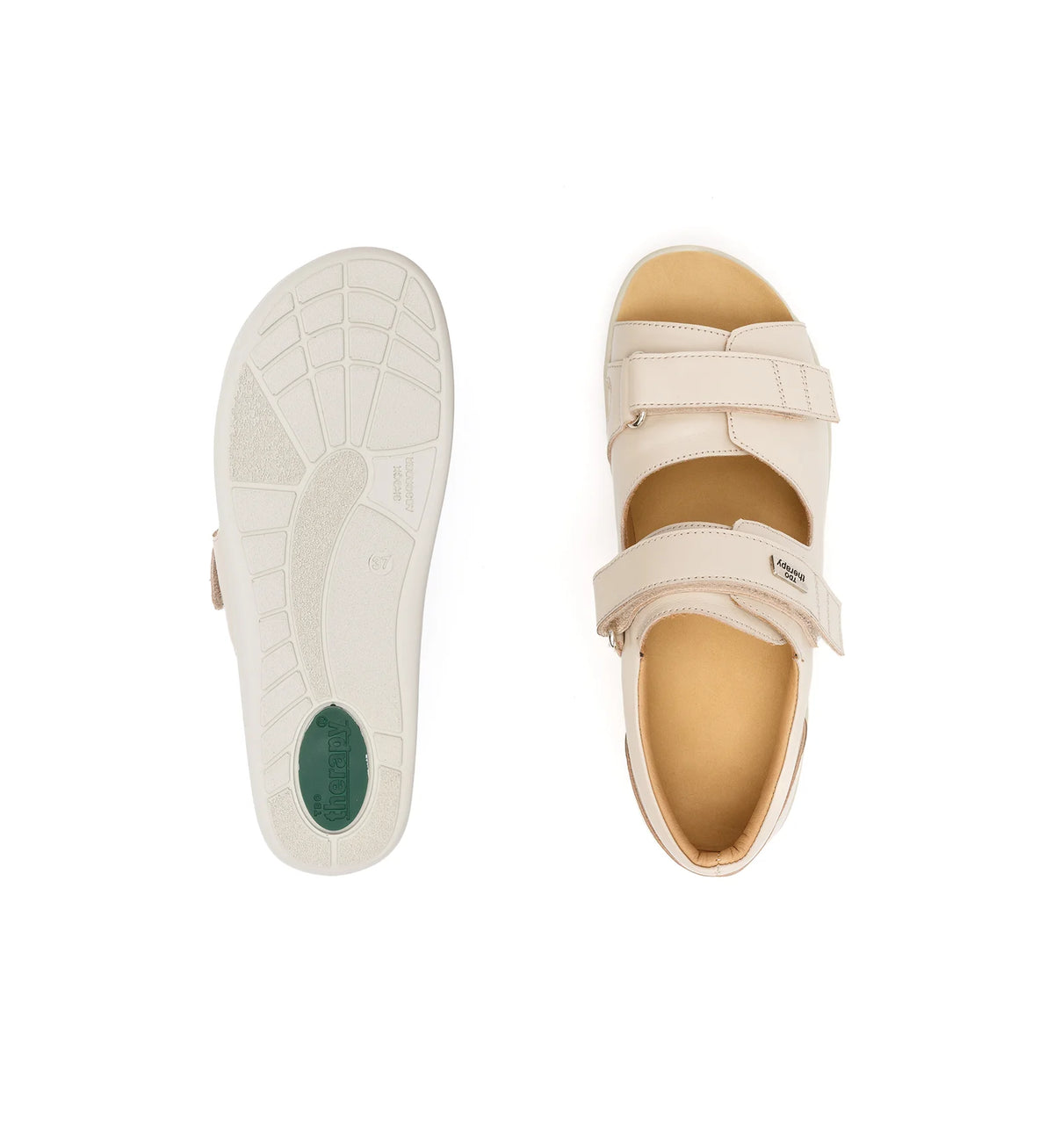 Top and outsole views of the beige Cove women’s wide fit orthopedic sandal.