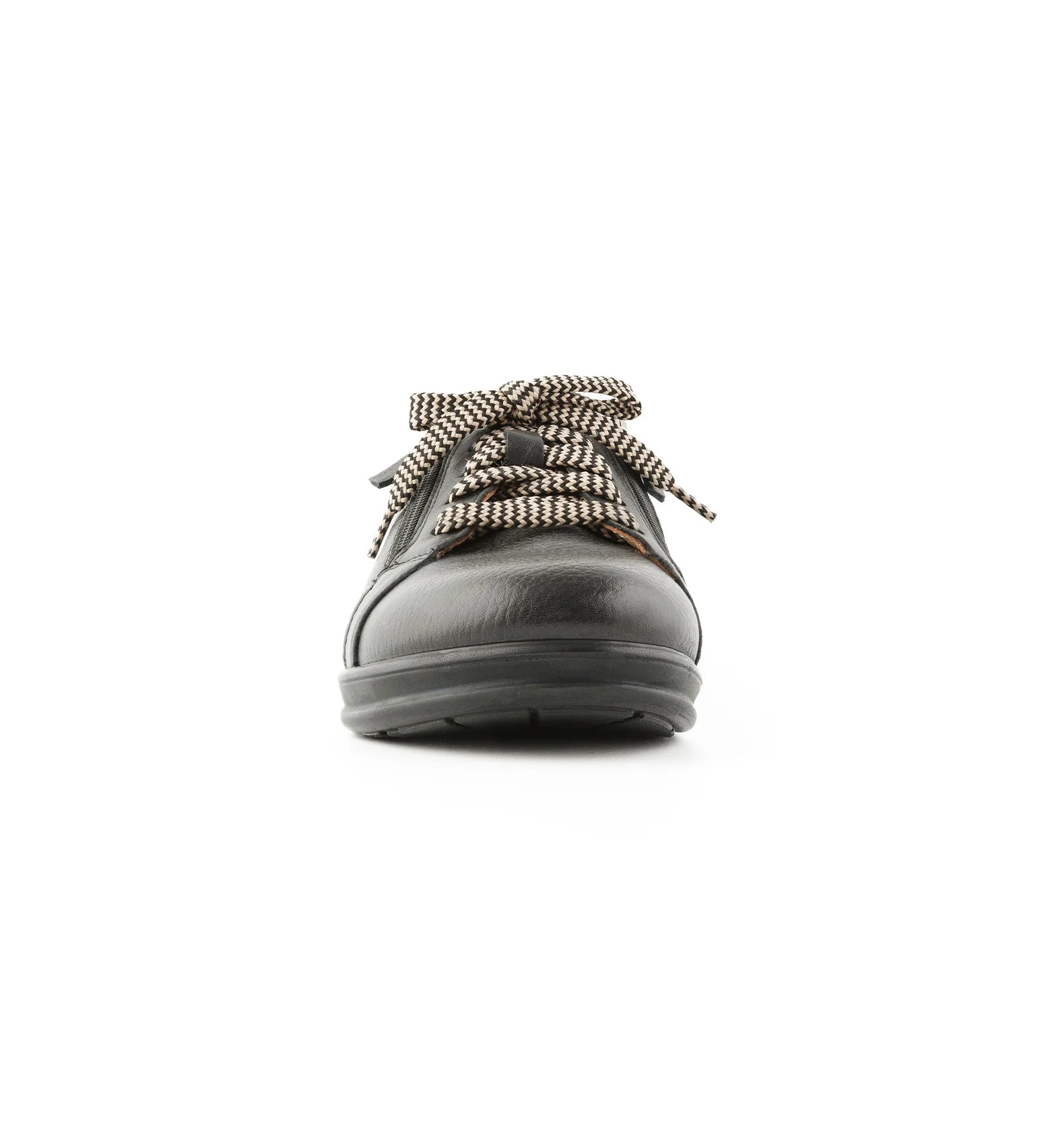 Front view of black Ease women's wide fit orthopaedic shoes featuring a stable sole and a roomy forefoot.