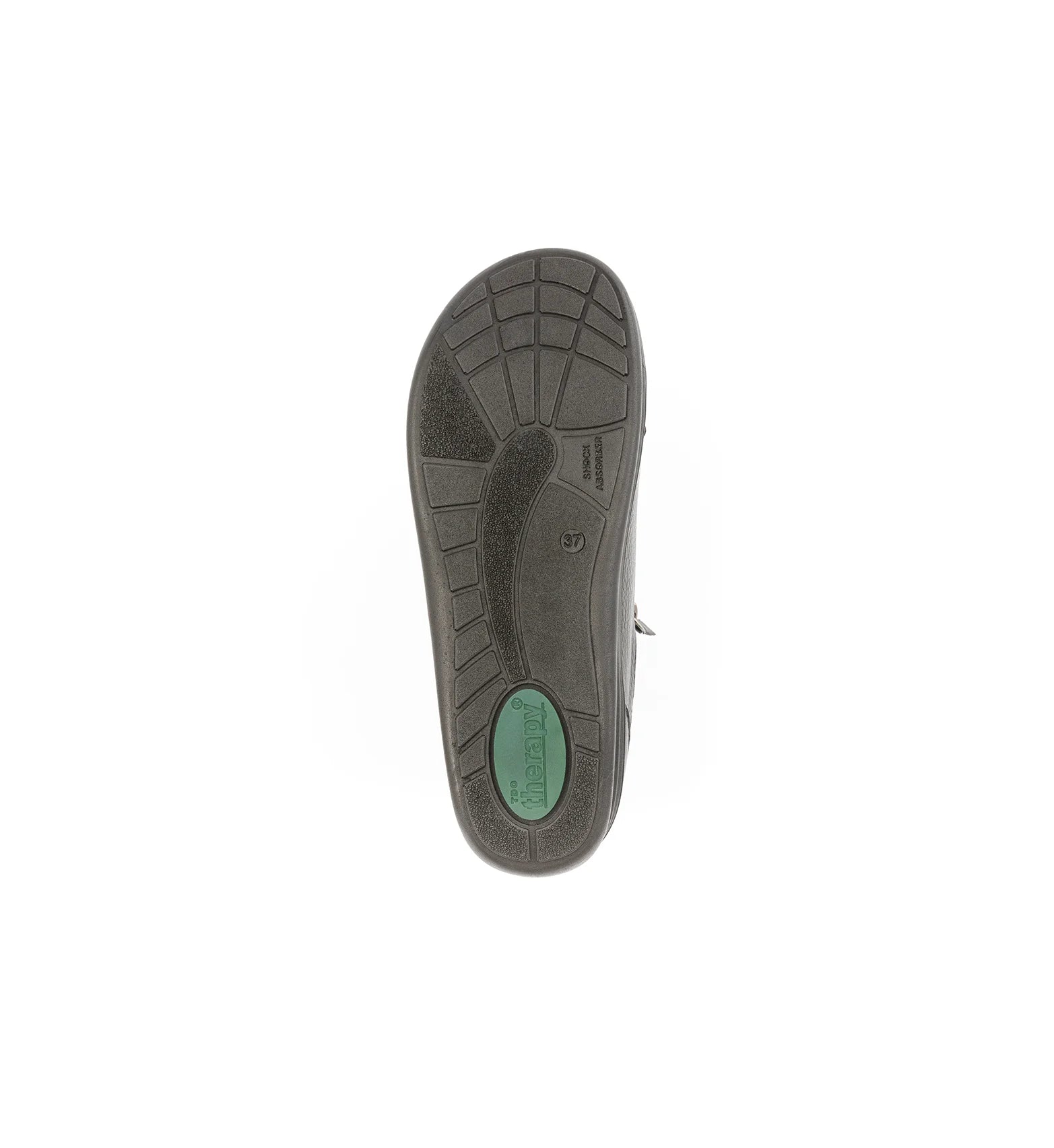 Outsole of black Ease women's wide fit orthopaedic shoes featuring a stable sole designed for support and steady walking.