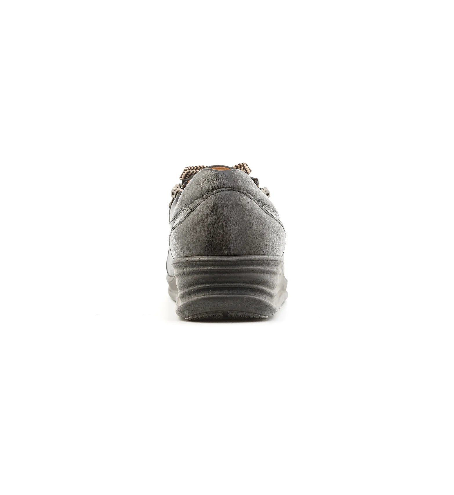 Rear view of black Ease women's wide fit orthopaedic shoes showing a supportive heel counter with a narrower heel fit.