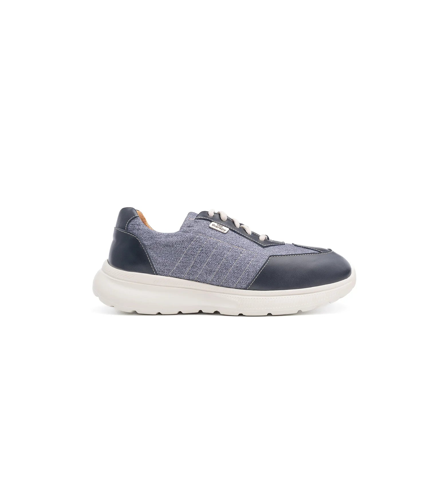Side view of the Flex Air navy wide fit trainer showing breathable textile panels