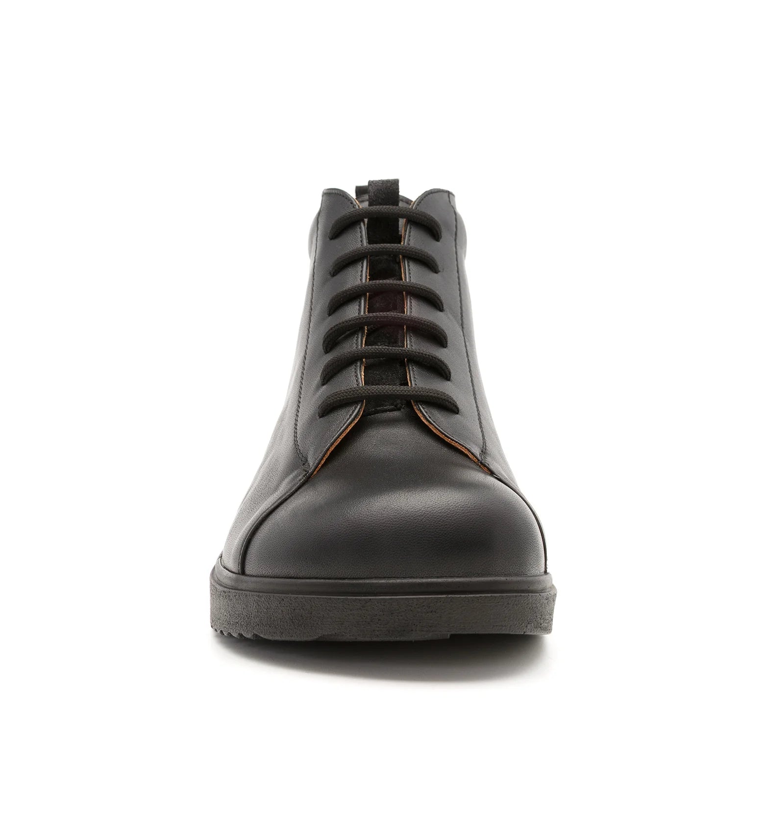 Front view of black Forge men's extra wide and extra deep orthopaedic boots featuring a rocker sole and roomy toe box.