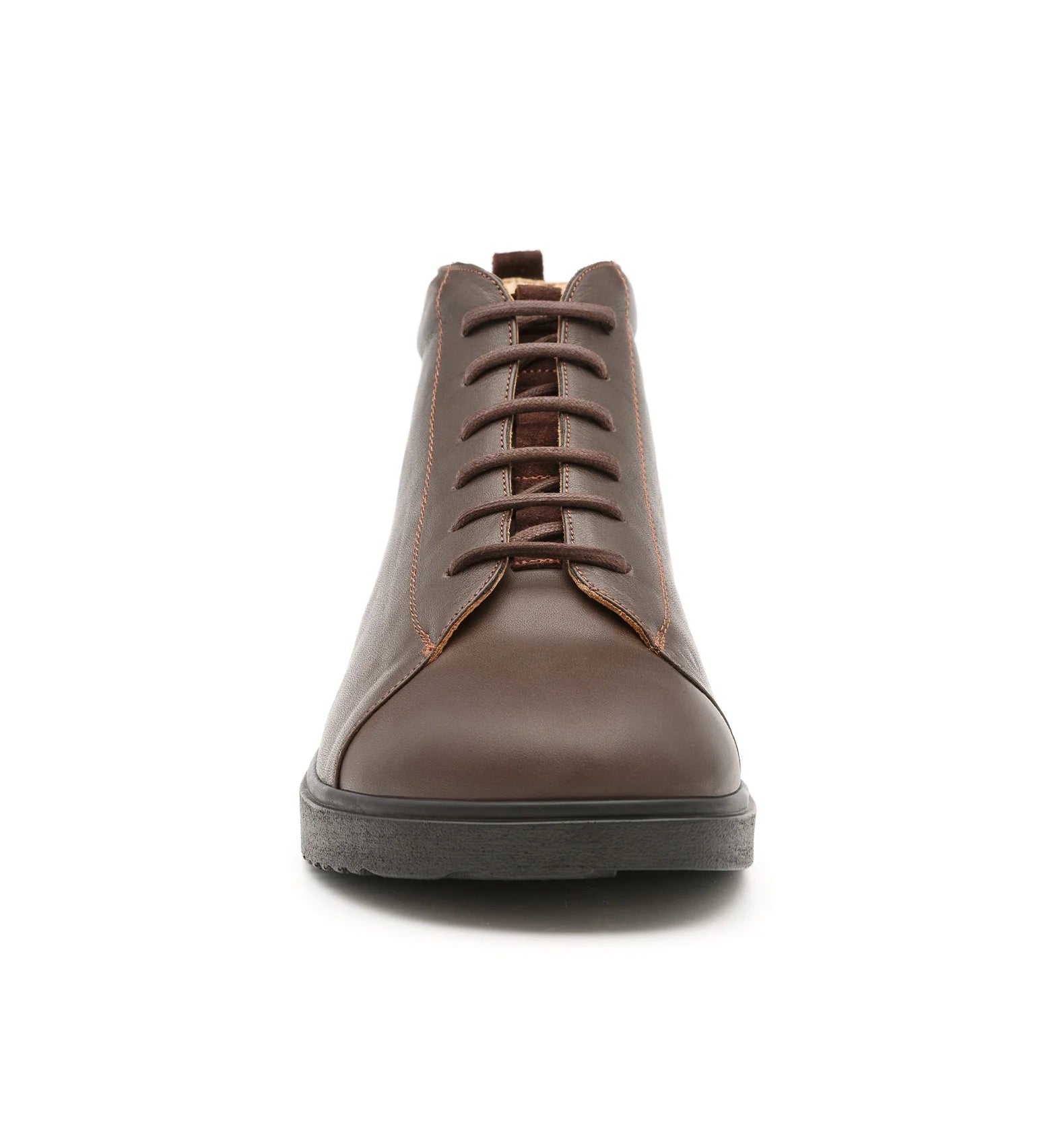 Front view of brown Forge women's extra wide and extra deep boots featuring a rocker sole and roomy toe box.