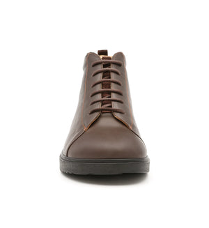 Front view of brown Forge women's extra wide and extra deep boots featuring a rocker sole and roomy toe box.