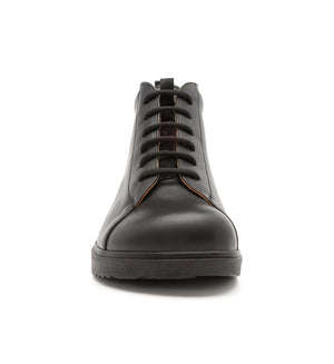 Front view of black Forge women's extra wide and extra deep orthopaedic boots featuring a supportive rocker sole and roomy toe box.