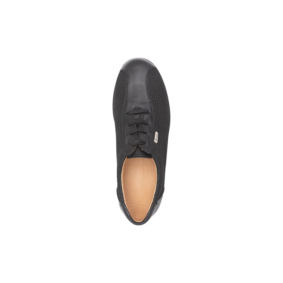 View of the removable cushioned insole inside the black men's orthopedic diabetic breathable mesh walking shoes  ideal for custom orthotics.