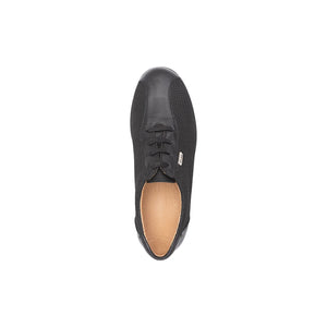 View of the removable cushioned insole inside the black men's orthopedic diabetic breathable mesh walking shoes  ideal for custom orthotics.