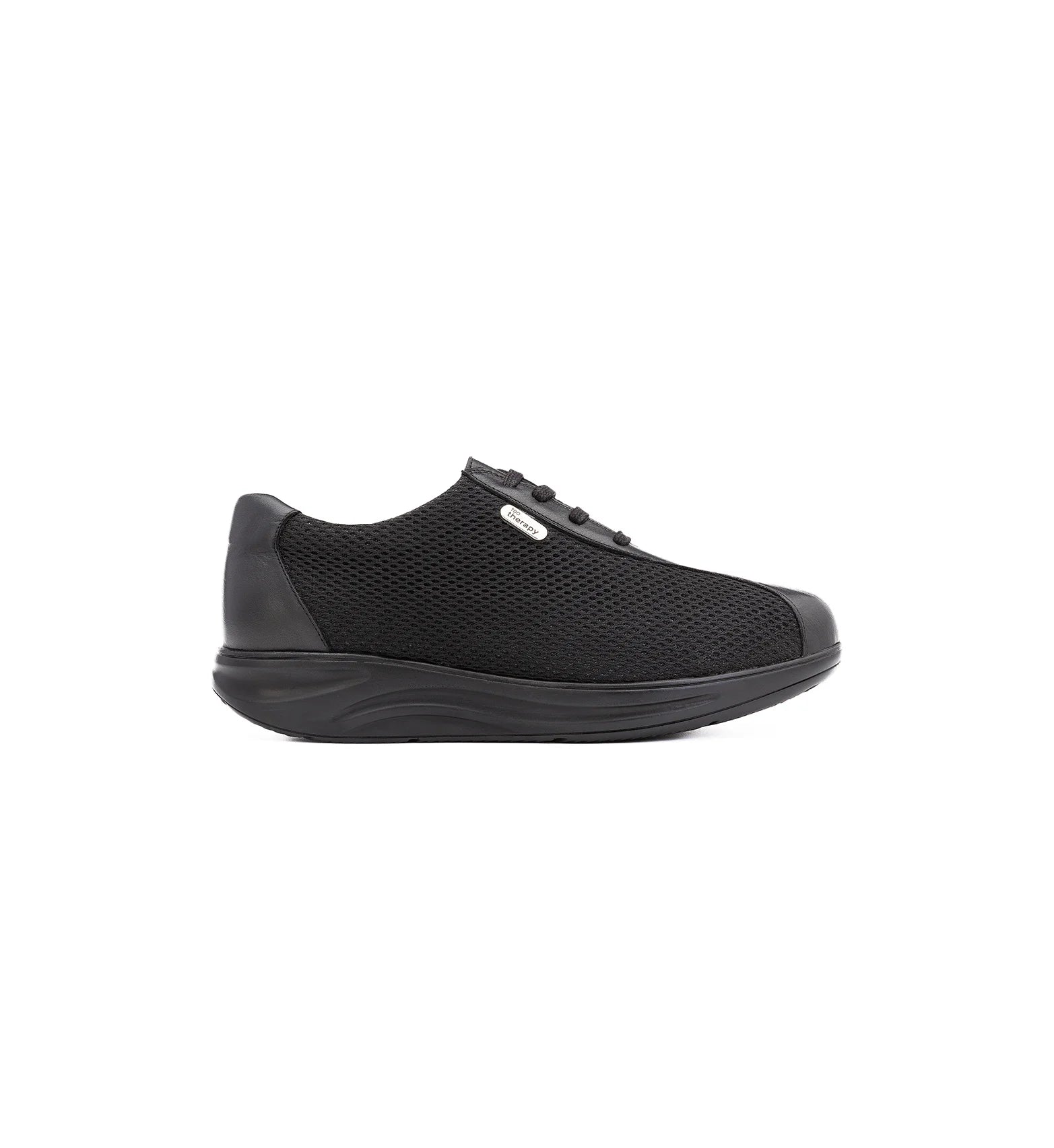 Side profile of black men's orthopedic diabetic breathable mesh wide shoes.