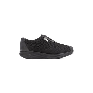 Side profile of black men's orthopedic diabetic breathable mesh wide shoes.