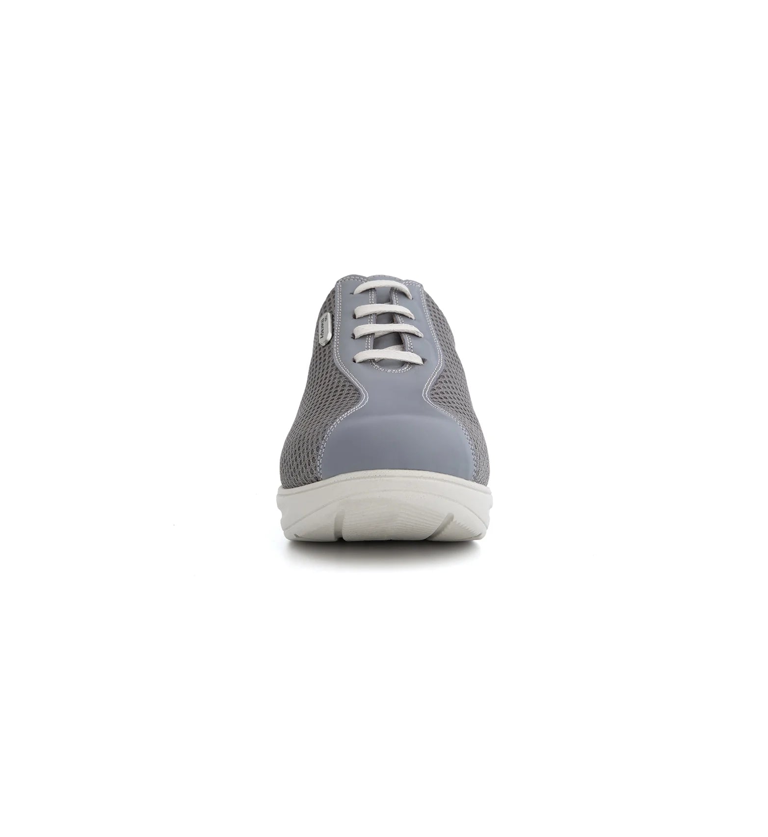 Front view of grey Glide women's mesh and leather orthopaedic shoes with a rocker sole and EE wide fit.