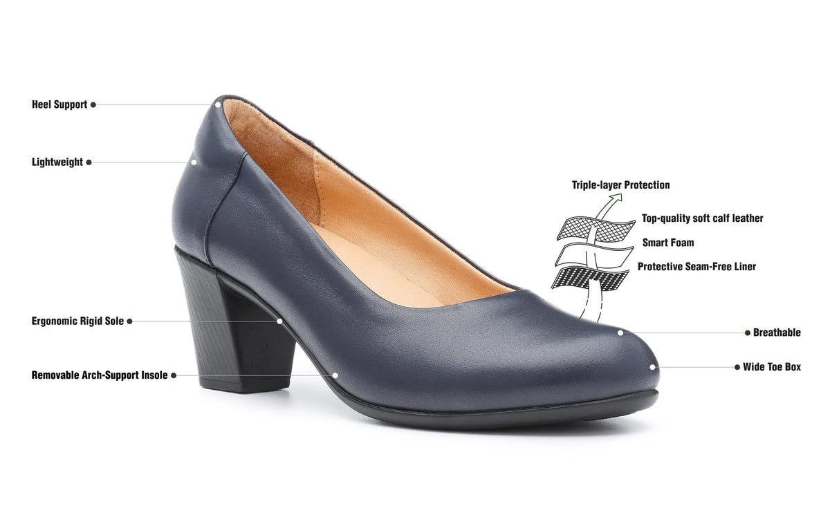 Grace women's wide fit court shoes with labelled fit and construction features