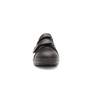Front view of Kendal black leather wide fit orthopaedic shoes with dual adjustable straps.